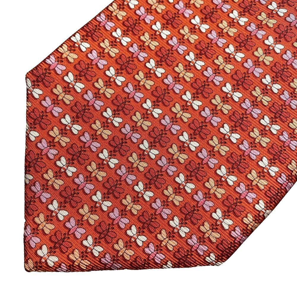 Battistoni Silk Tie BAT 1221 Butterfly Insect Foulard Italy Vintage 90s Mens Red